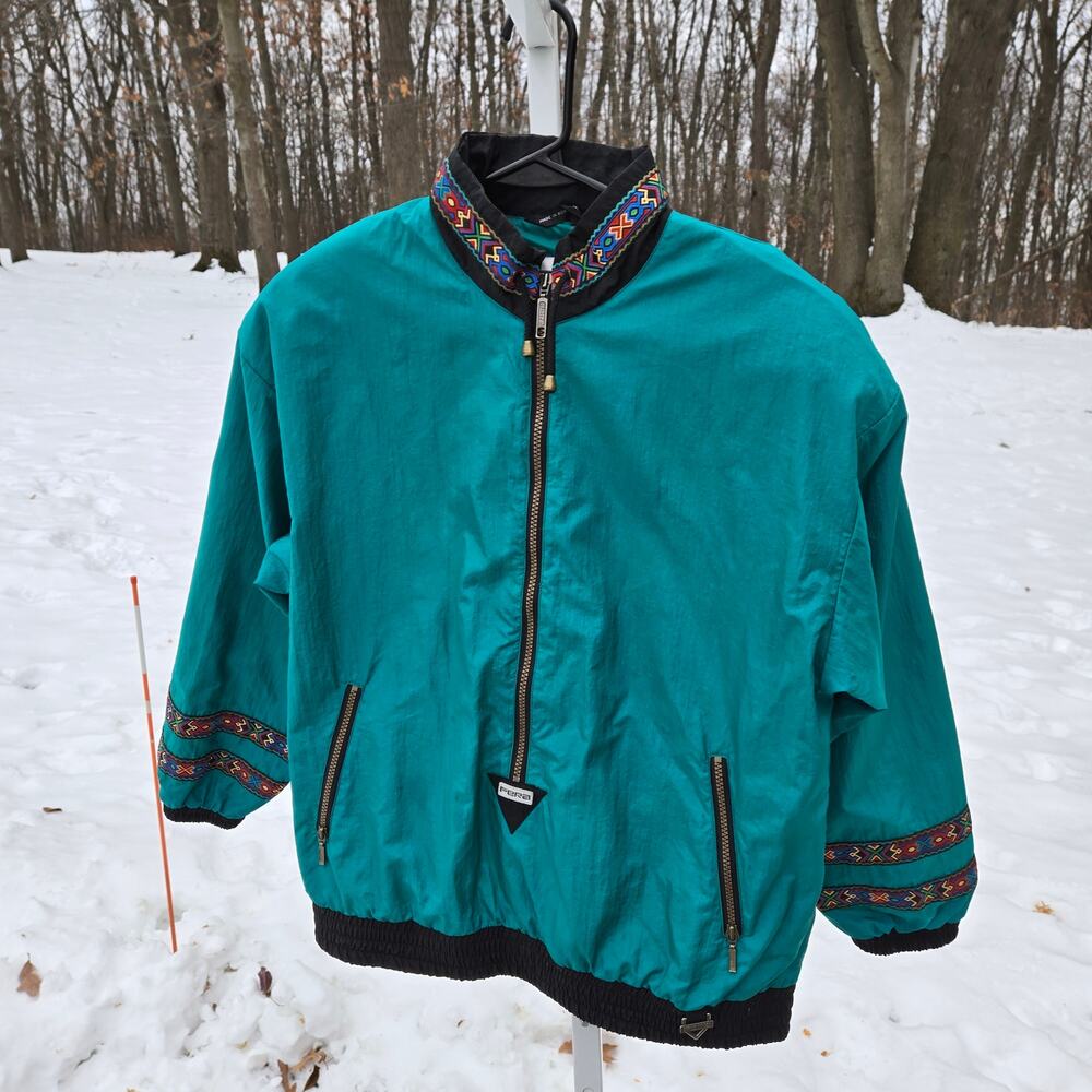 Vintage Eighties Ladies Fera Ski Jacket Teal Embroidered Trim Hong Kong size 12